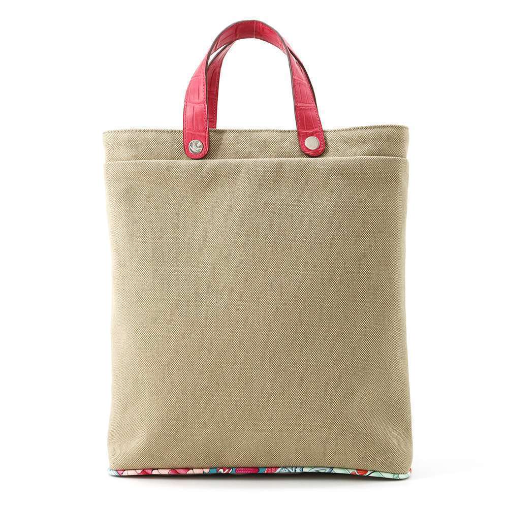 Hermes Petite Ash Toile Crocodile Silk Tote Bag Beige Pink Silver
